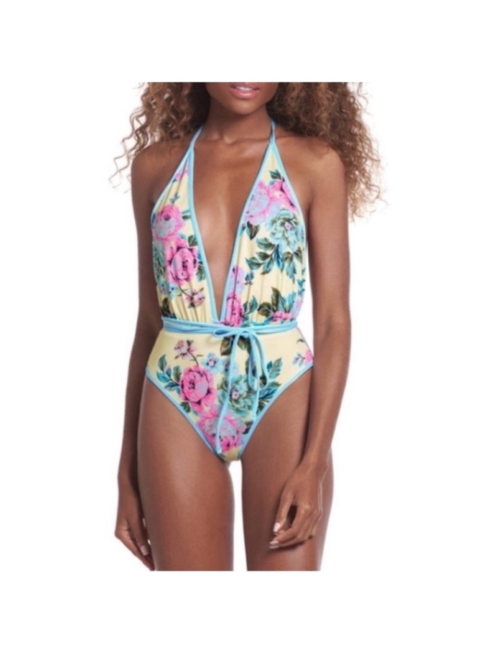 Maaji Yellow Floral Plunge One-Piece Swimsuit with Blue Trim